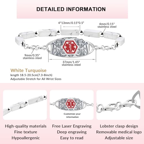 Custom Gemstone Medical ID Bracelets Engraved with Allergy, Diabetes, Epilepsy Alert Information for Women & Men3