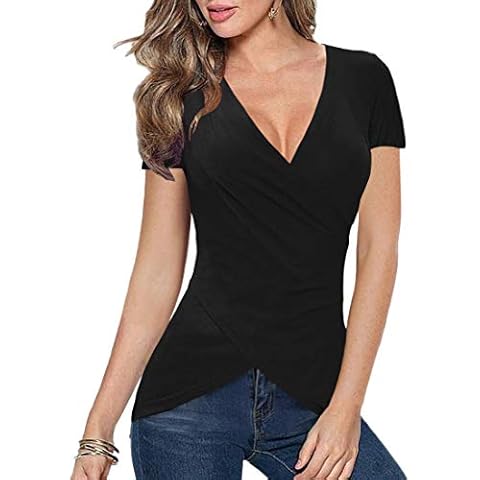 Afibi Women Deep V Neck Low Cut Short Sleeve Slim Shirt Tee Top Blouse (Medium, A-Black) Cover
