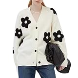 [andrei] 花柄 ジャガード カーディガン レディース 長袖 ニット 羽織 カジュアル モノトーン 秋冬 (ホワイト, L)