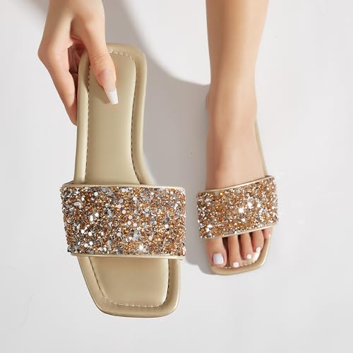 Image of Women's Open Toe Flat Sandals Rhinestone Glitter On Casual Fashion Slippers Quick Drying Indoor & Outdoor Slides