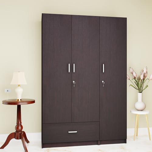 Image of VIKI Wardrobe | Wooden Almirah for 3 Door Wardrobe with 1 Drawer & Hanging Space (Dark Wenge - 40D x 120W x 180.8H) | 1 Year Warranty | Free Assembly