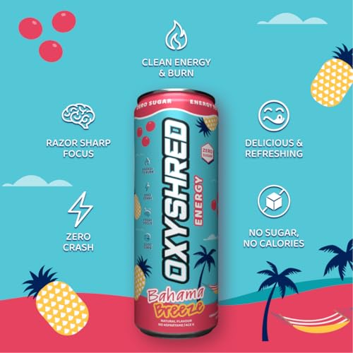 EHP Labs OxyShred Healthy Energy Drink - Zero Sugar Energy Drinks with Amino Acids, Green Tea Extract, Vitamin C & L Carnitine - Zero Carbs, Zero Calories, Clean Caffeine, Bahama Breeze (12-Pack)