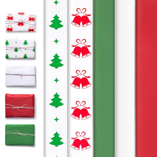 Simetufy Christmas Tissue Paper for Gift Bags, 5 Designs 120 Sheets 14 x 20 Inches Christmas Tissue Paper Sheets Bulk, Red Green and White for Gift Wrapping, Crafts, Birthday, Holiday Decor and DIY
