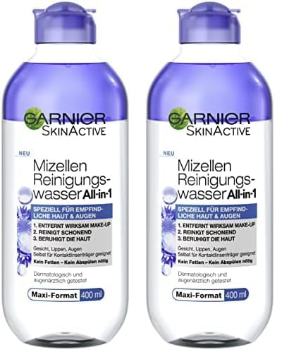 Garnier Agua limpiadora de micelas todo en 1 sin perfume con glicerina para pieles y ojos especialmente sensibles, desmaquillante y limpiador facial para pieles sensibles, Skin Active, 1 x 400 ml