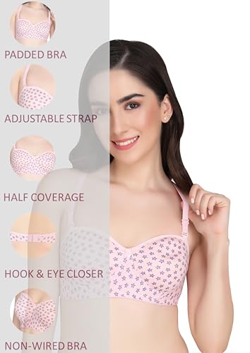 Image of Printed Half Cup Padded Bra - Made of Pure Cotton Full Coverage Non Wired Seamless Pushup Soft Cup for T-Shirt Saree Dress Sports Garment for Daily Use Everyday