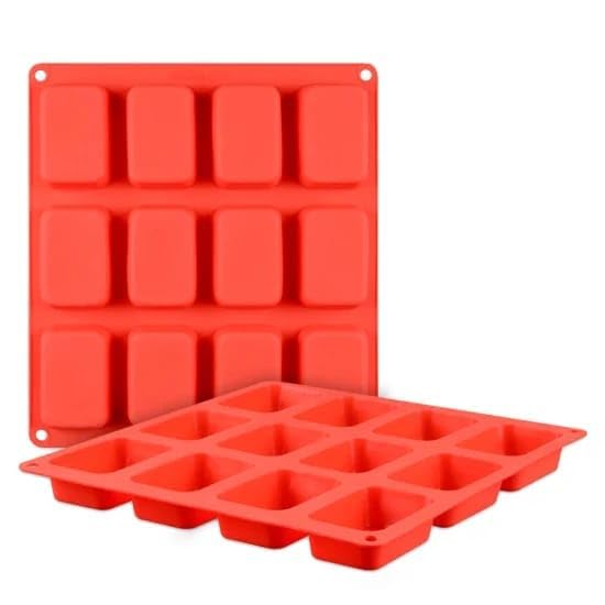 12 Cavity Rectangle Shape Round Edges Silicone Mould/Mold for Soap Making, Loaf, Muffins, Cheesecakes Approx 75-80 Gpsa (Random Color), 27.9 x 25.1 x 2.5 Centimeters
