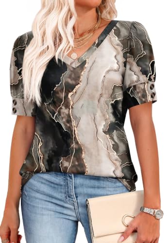 Image of OFEEFAN Womens Tops Short Sleeve Shirts Buttons V Neck Spring Fashion Summer Outfits Plus Size Blouses Dressy Casual