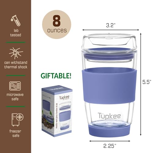 Tupkee Double Wall Glass Tumbler - 8-Ounce, All Glass Hand Blown Reusable Insulated Tea/Coffee Mug & Lid, Travel Mug - Jacaranda