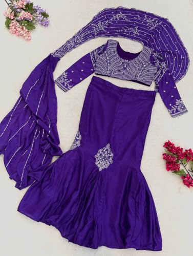 Image of Lehenga choli Womens And Girls Soft Crep Silk Saree With Full-Stitched Blouse With Embroidery Work Wedding navratri party letest