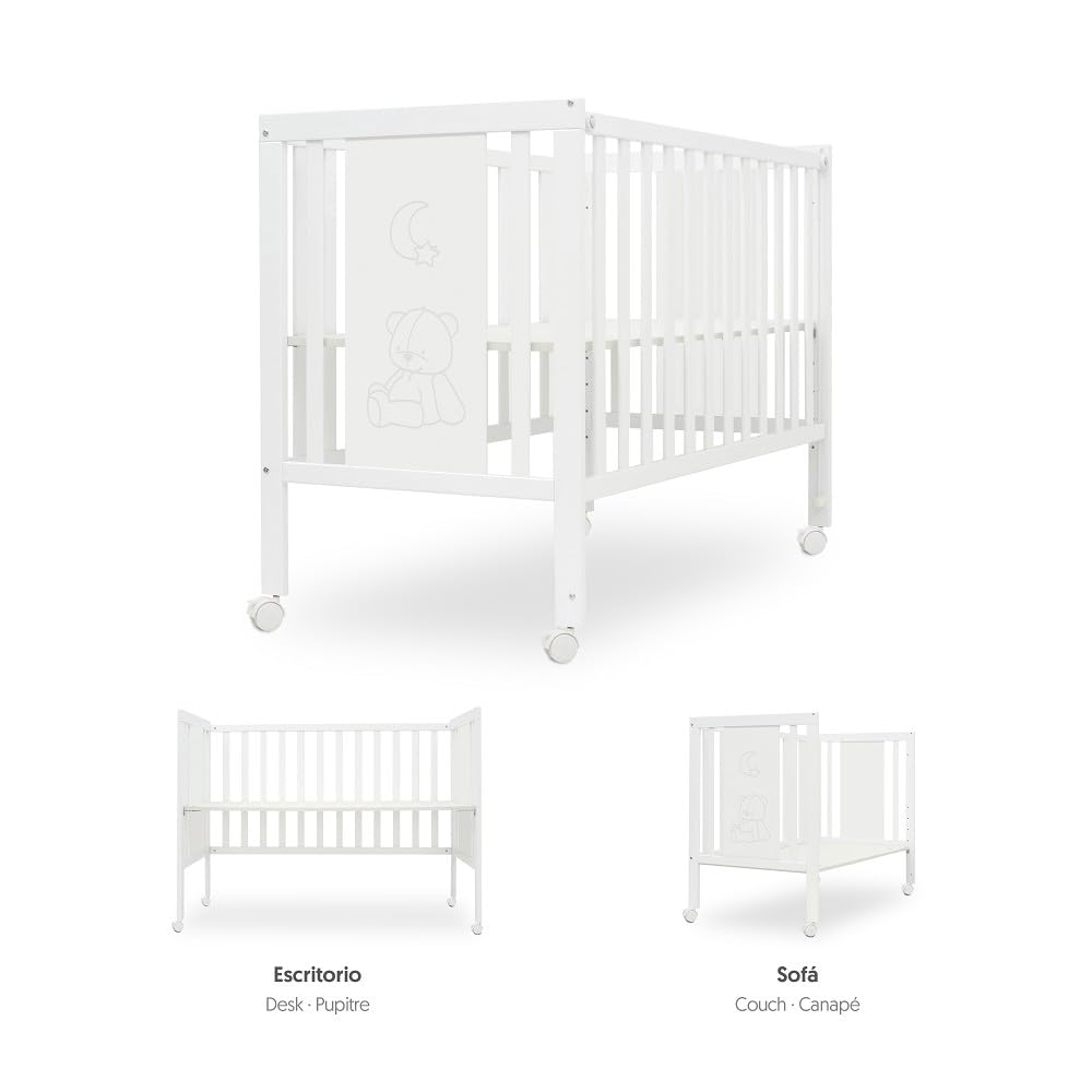 Interbaby Cuna Bebé Colecho Convertible 124x63 cm | Cuna Evolutiva de Madera con Lateral Abatible, Altura Regulable y Ruedas con Freno | Cuna Convertible en Escritorio y Sofá | Blanca Bear Basic
