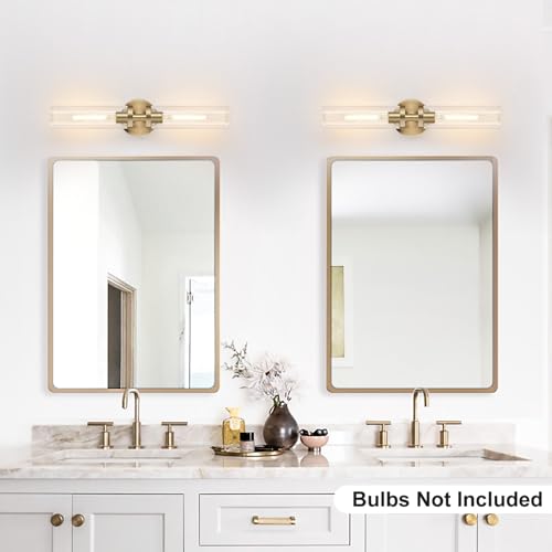 Image of Indoi Brass Wall Sconces, Hardwired Bathroom Sconces Wall Lighting with Clear Glass, Modern Bathroom Vanity Lights fixtures for Mirror Bedroom Living Room Hallway Kitchen