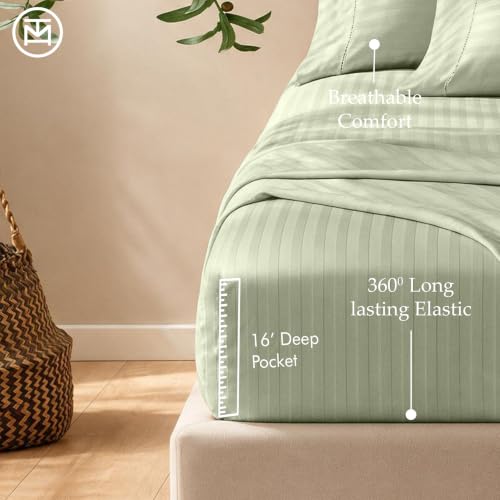 Image of Threadmill 600TC Cotton Full Sheet Set, Sateen, Damask Stripe, Sage Green