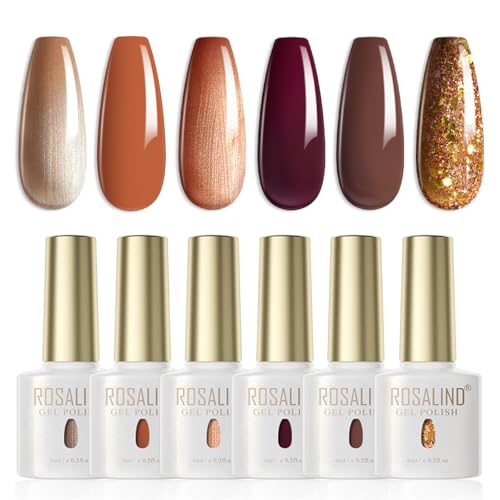 ROSALIND Esmaltes Semipermanentes de Uñas Marrón,6 Colores Otoño Rojo Marrón Color Café Albaricoque Glitter Calabaza Naranja Kit Pintauñas Uñas de Gel UV LED Gel Nail Polish