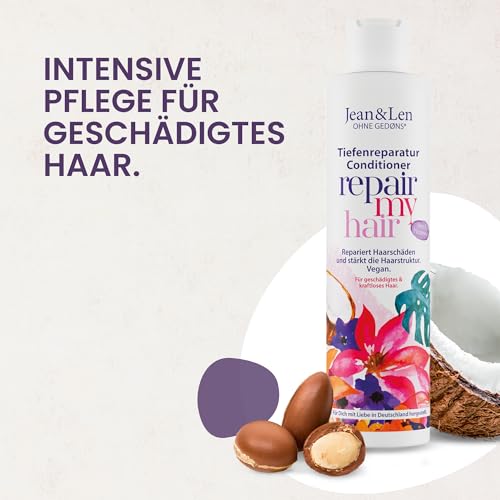 3. Bild von Jean & Len Conditioner Repair Kokos & Macadamia, für geschädigtes und kraftloses Haar, repariert Haarschäden, verleiht Geschmeidigkeit, Kokos-Duft, ohne Parabene & Silikone, vegan 300 ml 300 ml (1er Pack)