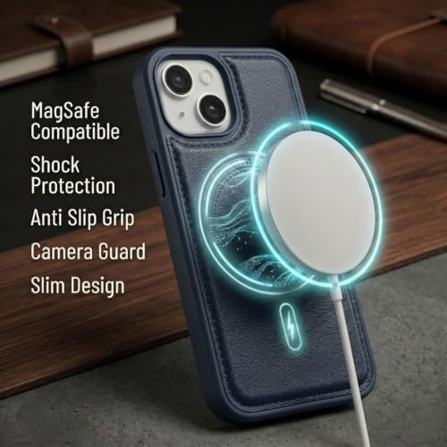 Image of amazon basics Premium PU Leather Case for iPhone 12 Pro, MagSafe Compatible Magnetic Ring, Sleek Protective Back Cover - [Blue]