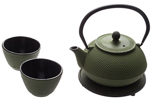 New Star International T8030 Cast Iron ARR Tea Set with Trivet, 21 Ounce, Green