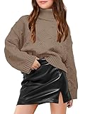 Haloumoning Girls Turtleneck Sweaters Kids Long Batwing Sleeve Chunky Knit Pullover Jumper 5-14 Years Khaki