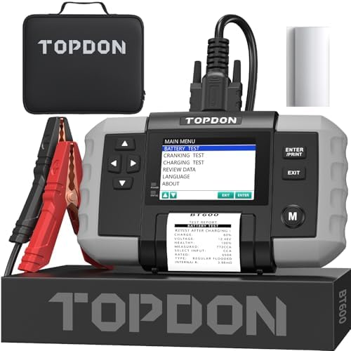 TOPDON BT600 Batterietester KFZ 12V 24V, 3,5" Farbdisplay mit Drucker | 100-2000CCA, 1,8m Kabel, Professioneller Batterie-/Start-/Ladetest, Software-Update, Autobatterie tester für