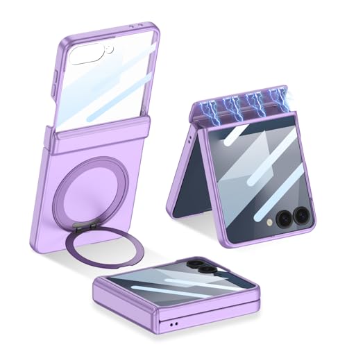Image of for Samsung Galaxy Z Flip 7 Case with 360 Bracket Ring Holder Magnetic Hinge Protection & Built-in Front Screen Protector, Slim Texture Shockproof Case.(Purple)
