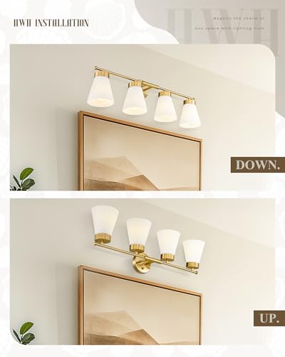 Image of Bathroom Light Fixtures Brushed Gold, HWH 4 Light Vanity Lights Over Mirror, Modern Wall Lamp Bathroom Lighting with Frosted White Striped Glass, 5HZG97B-4W BG