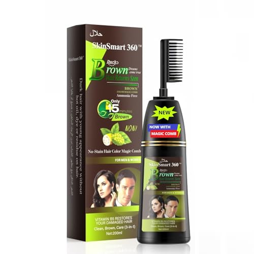 SkinSmart 360 No-Stain Hair Dye Shampoo for Men & Women, Natural Ingredients, Ammonia-Free, Up to 100% Gray Coverage, Easy No-Mix Application, 200 mL, Pack of 1 (Dark Brown + Magic Comb)
