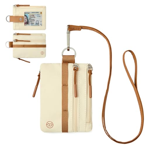 Image of BOSTANTEN Small Wallet RFID, Minimalist Zip ID Case Wallet with Lanyard Keychain, Water Resistant Card Wallets for women & Men, Beige and Brown