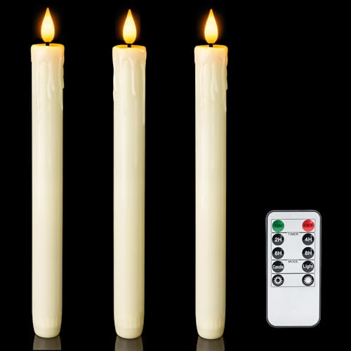 Image of Homemory 3 Pcs Real Wax Flameless Taper Candles with Remote Timer and Dimmer, Battery Operated Candlesticks with Flickering Light, Ivory Window Candles, 9.6 Inches for Wedding Home Decor