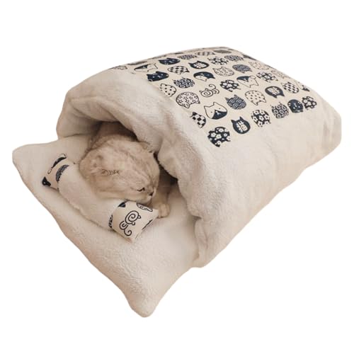 猫用ベッド 猫用寝袋 キャットハウス ペット マット 猫 マット グッズ 保温・防寒 枕付き 和風 ペットベッド布団型 和風デザイン ペットマット 冬用 裏起毛 寒さ対策 保温防寒 クッション ふわふわ 暖かい 丸洗い 小型犬 犬猫用 ペット用品 (L,W
