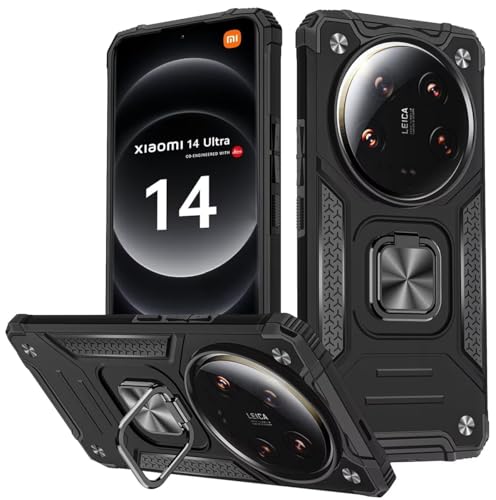 KANSi Funda para Xiaomi 14 Ultra, Capa Anillo iman Soporte Hard PC y Silicona TPU Antigolpes Armor Carcasa - Negro