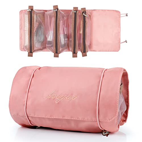 Czemo 4 en 1 Neceser Viaje Colgante,Desmontables Enrollables Bolsa Impermeable con 4 Compartimentos Visibles con Cremallera Poner Cosméticos,Artículos Tocador,Mujer Viaje Cosas Necesarias（Rosado）