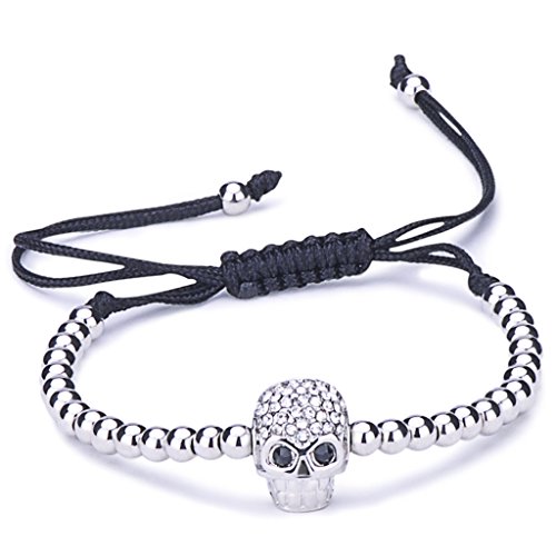 Unendlich U Fashion Schädel Totenkopf Damen Kinder Armband Geflochten Baumwollseil Legierung Zirkonia Kugeln Beads Verstellbar Armreifen, Silber