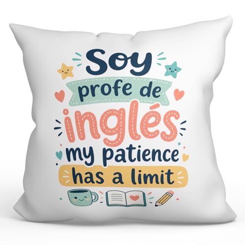 MUGFFINS Cojín con Relleno Regalo Profesora inglés | cojín profe con Frase Soy profe de inglés my Patience has a Limit en Español | Detalle Divertido para docentes | 40x40cm | Infantil v3