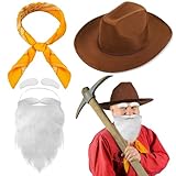 Cotwinter 4 Pcs Halloween Prospector Costume Accessories Include Cowboy Costume Hat Paisley Bandana Fake Beard and Eyebrows for Adults Halloween Cosplay Party