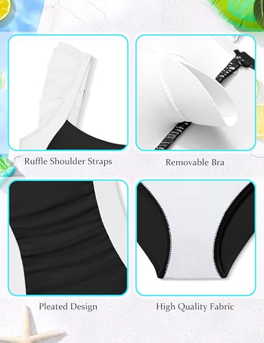 Image of Girls Swimsuit Ruffle Solid One Piece Bathing Suits 7-18 Years | Teen Bathing Suits for Girls Ruched Sleeveless Girls' Swimwear