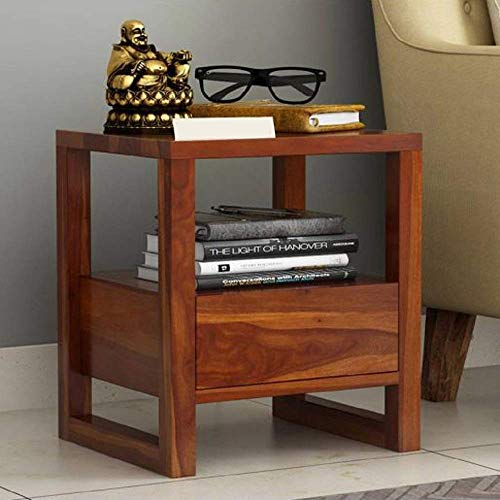Image of Wooden Bedside Table for Bedroom | Wooden Bed Side Nightstand Lamp Table with Drawer & Open Shelf Storage for Home & Hotels | Solid Sheesham Wood, Natural Finish