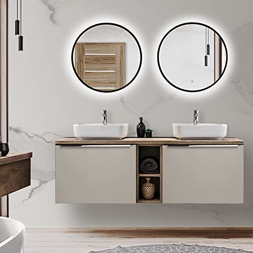 Lomadox Ensemble complet de meubles de salle de bain - Taupe avec chêne vintage - Double meuble sous-vasque de 140 cm avec 2 lavabos en céramique et 2...