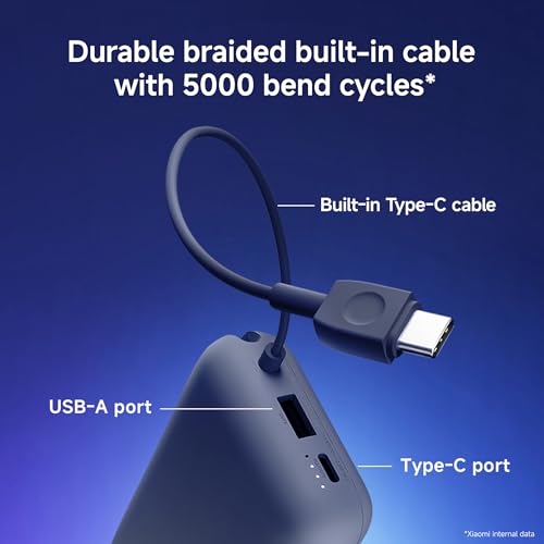 Image of Xiaomi Pocket Power Bank 10000mAh 22.5W with Built-in Cable | Super Fast Charging PD |Smart 12 Layer Protection|Triple Output Ports|Supports Android,Apple, Tablets, Earbuds,Watch(MI Powerbank),Blue