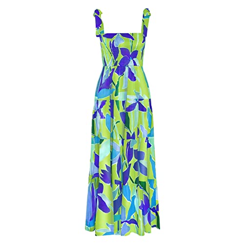 Image of kinstell Women's Summer Boho Spaghetti Strap Square Neck Ruffle Casual Flowy Long Dress Beach Swing Party Maxi Dress