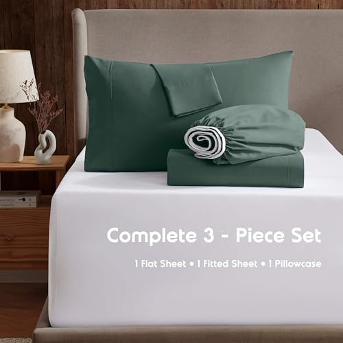 Image of Nestl Twin Bed Sheet Set - Forest Green - 3-Piece Deep Pocket | Instantly Soft, Night-One Ready (No Wash Required). Fits 16-Inch Deep Pockets, 360-Degree Elastic Grip
