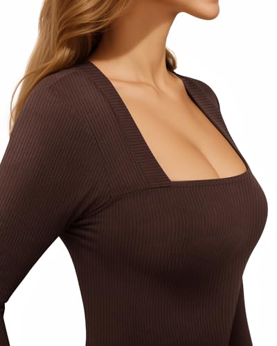 Image of Mangopop Women' Long Sleeve Ribbed Bodysuit Jumpsuits