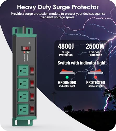 Image of CCCEI 2PCS Heavy Duty Power Strip Surge Protector 20 AMP Individual Switches. 12 Gauge Extension Cord with Multiple Outlets. Garage, Shop, Industrial Wall Mount Electric Extender. 4FT, Green.