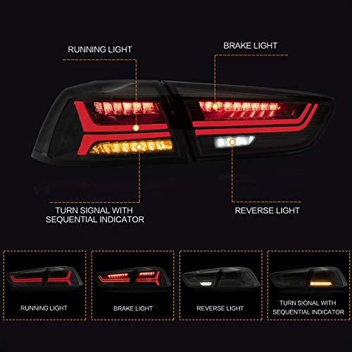 Vland Tail Lights Assembly Fit For Mitsubishi Lancer & Evo X 2008-2020(Not For Sportbacks/Fortis/Io), Rear Lamp With Drl, Back Light W/Fog Lights & Sequential Turn Signal, Smoked #TOP1