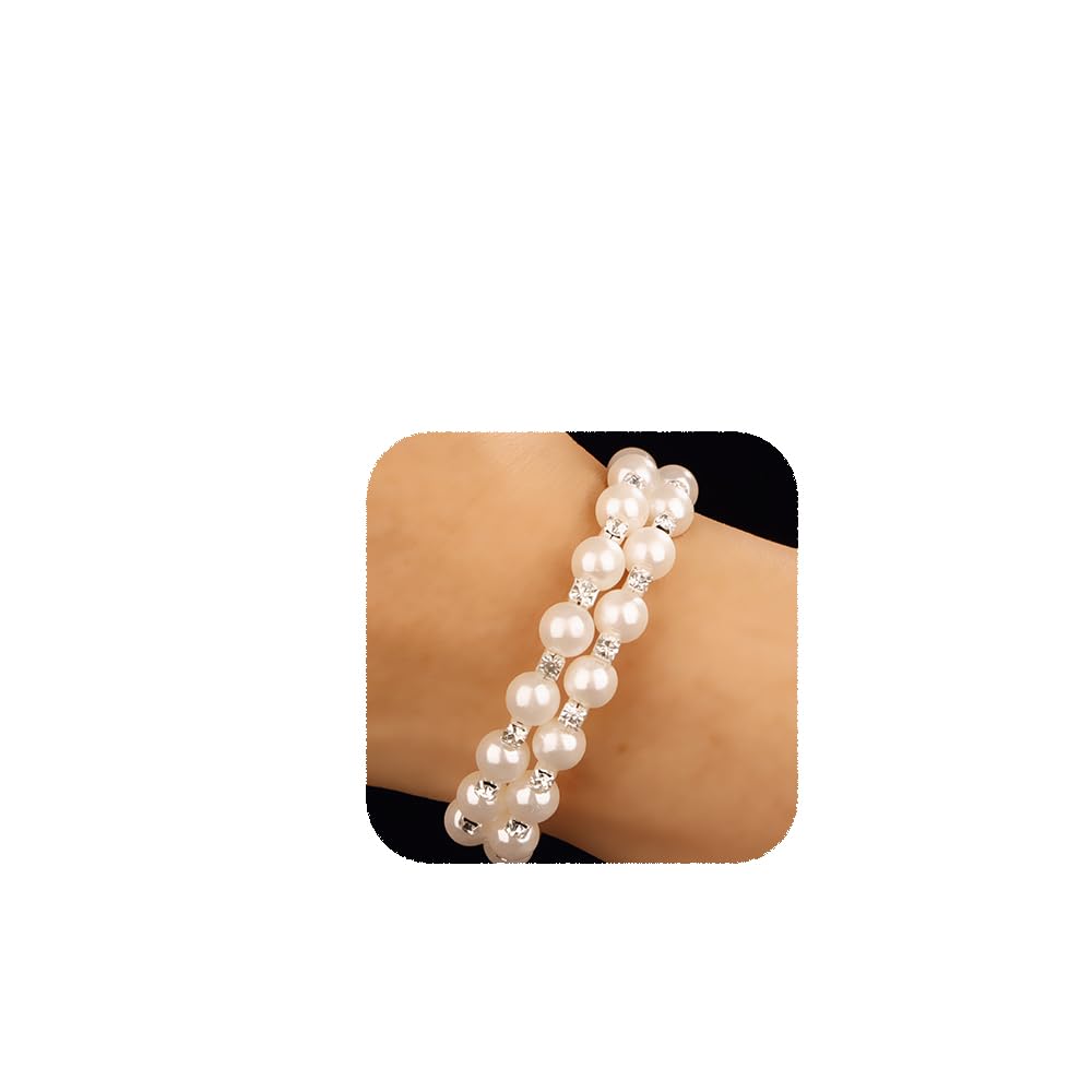 YERTTER Silver 2 Row Pearl Stretch Bangle Bracelet Tennis Chain Cuff 1920s Pearl Cuff Bridal Bangle Bracelet Wedding Hand Chain Gift for Women (Style A-Silver)