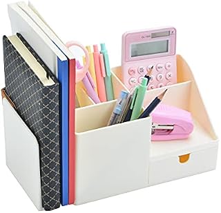 Shoccolt Desk Organizer with Bookshelf White Desktop Organizers and Accessories Bookends Multifunctional Office Stationary Organizer with Drawer Plastic Makeup Storage Box (Small, Beige)