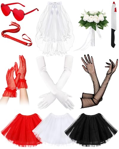 Fourluoo 11 Pcs Kiss Marry Kill Costume Accessories for Trio Tutu Dress Gloves Veil Bouquet Sunglasses Prop Knife Whip for Woman Halloween Cosplay