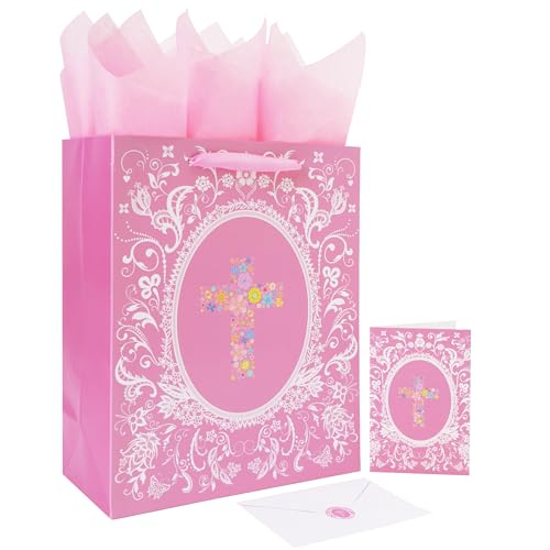 13 Large Floral Religious Gift Bag Set with Handles Greeting Card Gold Tissue Papers and Stickers for Women Girls for Girls Women for First Communions Baby Girl Baptisms Christenings Religious Occasion Clergy Day Cross Design 1 Pcs