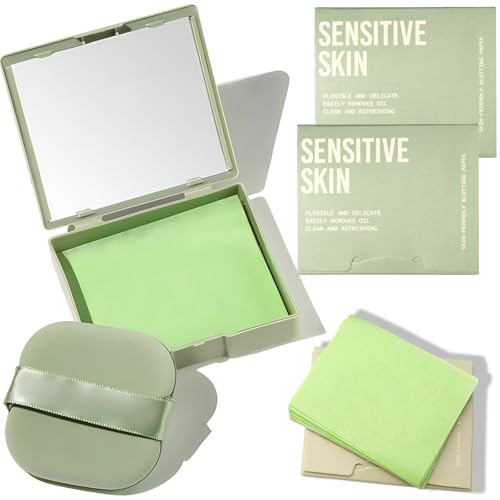 300-Sheet Oil Blotting Sheets for Face - Portable Mirror & Puff - Blotting Papers for Oily Skin Makeup- Convenient Facial Oil Absorbing Sheets for Makeup Absorbing Excess Grease