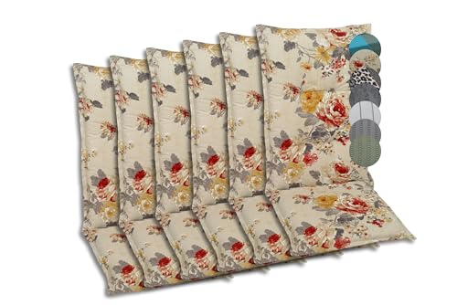 GO-DE Textil Bequeme und attraktive Polsterauflagen für Hochlehner-Gartenstühle (6er-Set, Blumen Beige, Hochlehner)