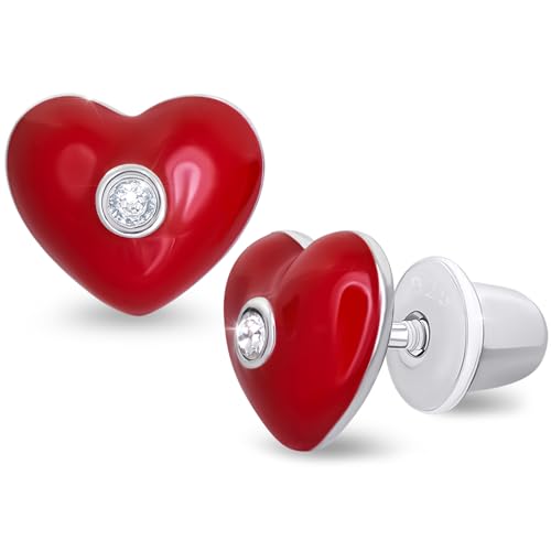 925 Sterling Silver Heart Red Stud Earrings for Girls Hypoallergenic Safety Screw Back Rhodium Plated - Heart Red Gifts Earrings for Baby Toddlers Little Teens Kids Jewelry