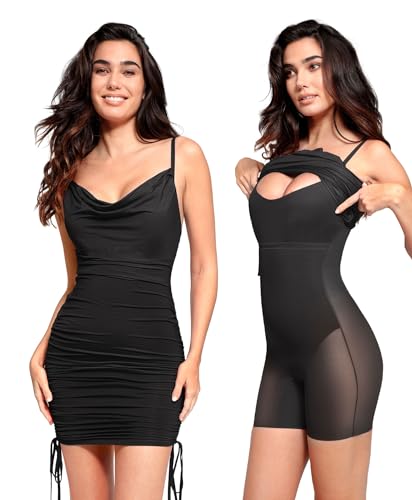 Image of Popilush Corset Dress - Summer Club Outfits for Women Built in Bra Shapewear Drawstring Adjustable Ruched Mini Dresses